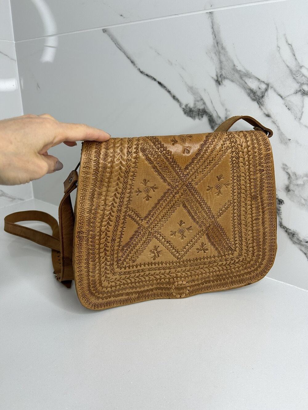 Handmade Tooled Leather Bag Bohemian Hippie Crossbody Vintage 60s Retro Pristine
